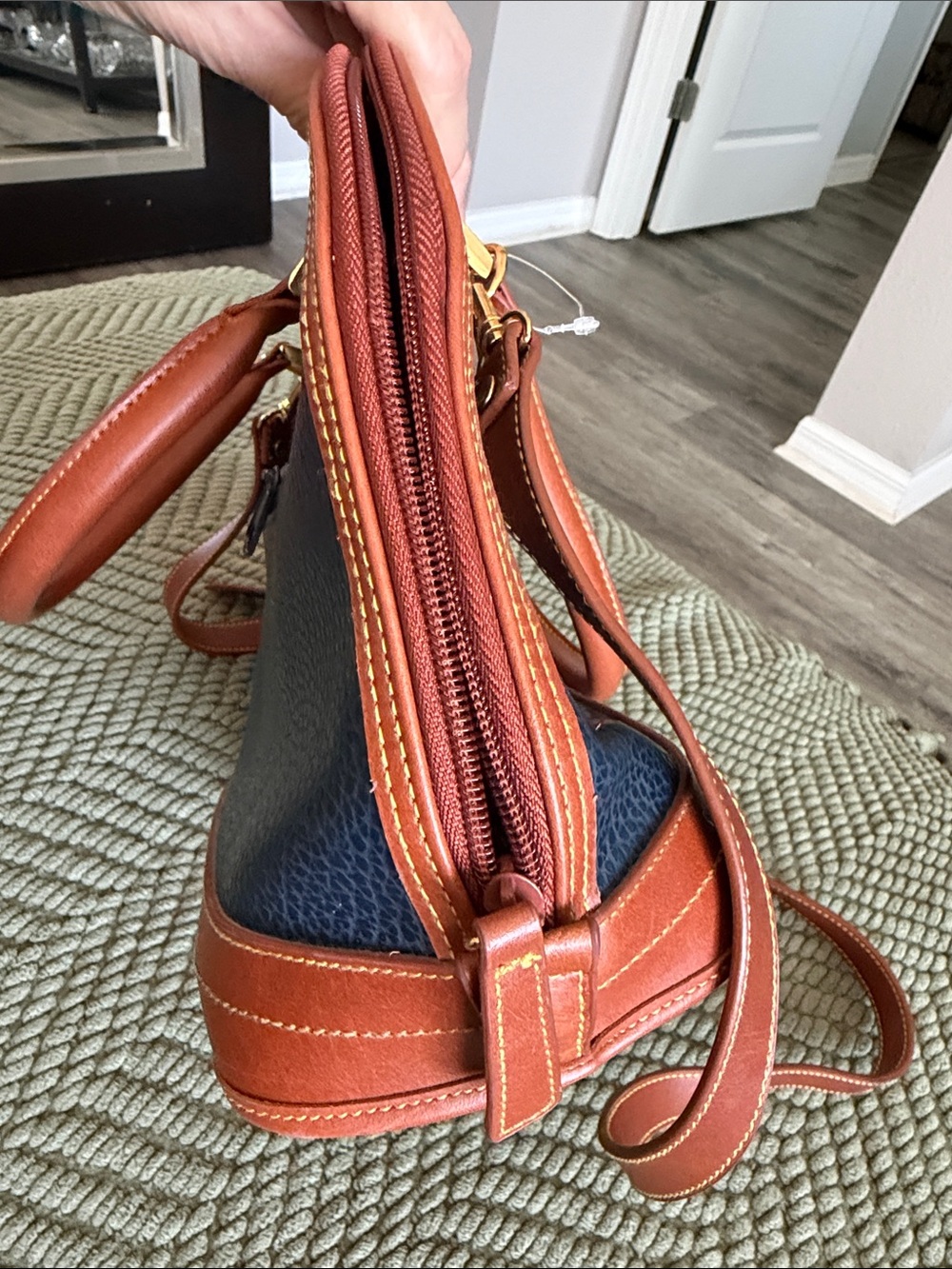 Dooney & Bourke Navy and Brown Pebbled Leather Satchel - Picture 9 of 10